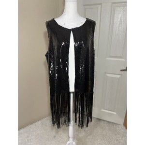 Park & Main Woman Black Sequin Fringe Vest Vintage Fun Club wear Sz Med